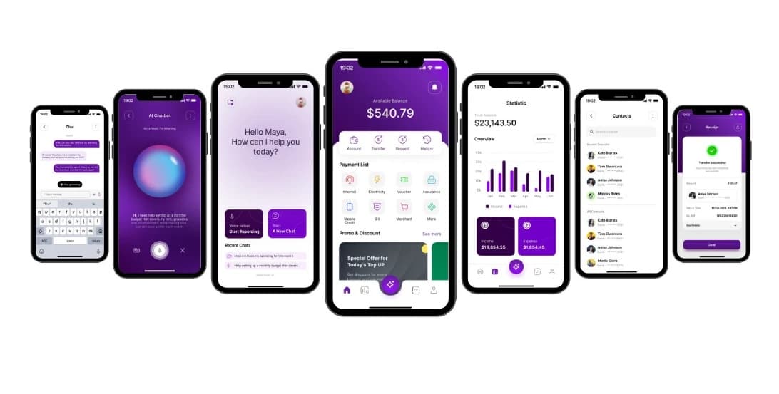 Row of final Finexa prototype screens: chat, AI chatbot, onboarding, home, statistics, contacts, and receipt