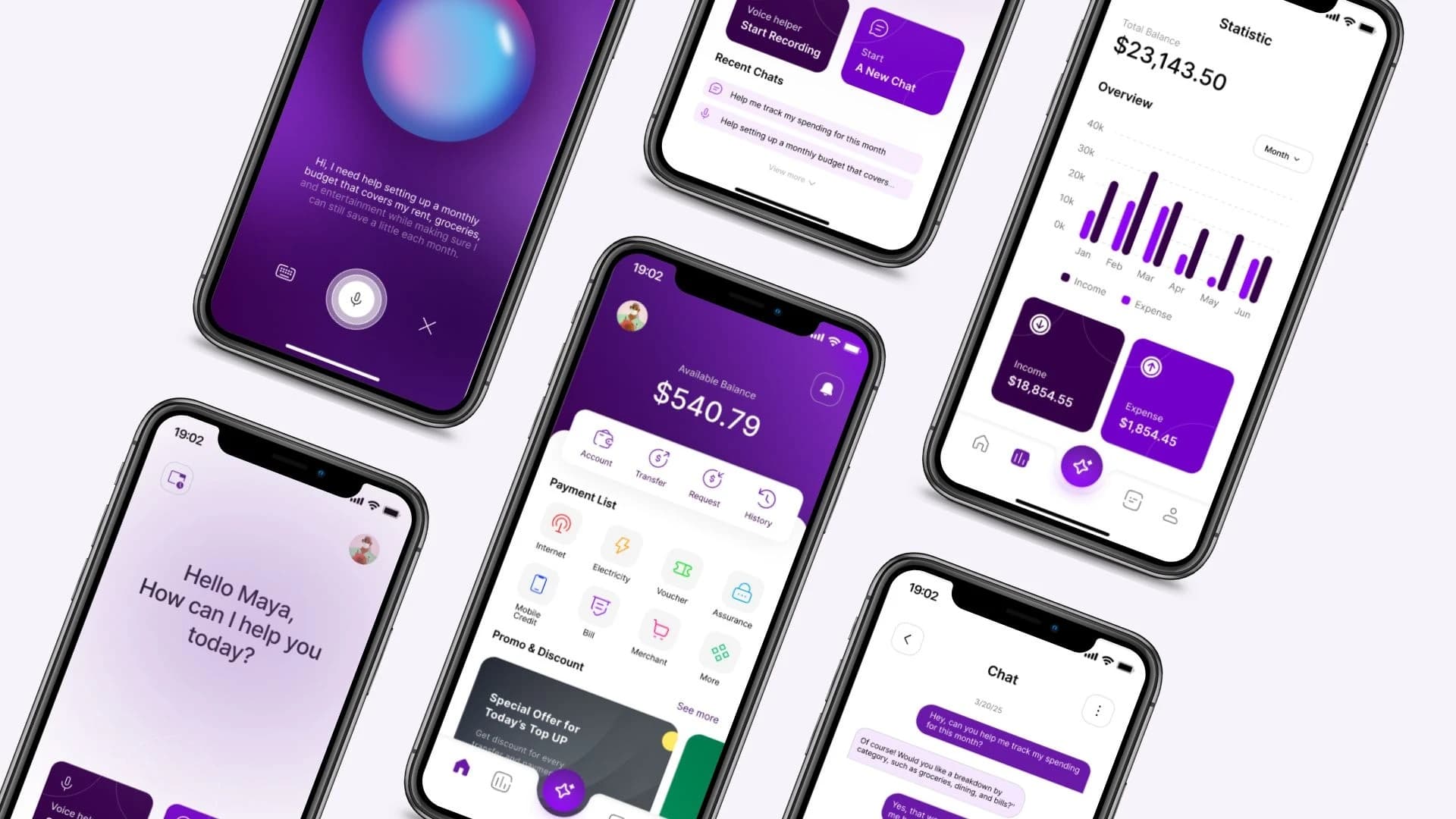 Finexa app screens: AI voice assistant, AI chat, home dashboard, and spending statistics