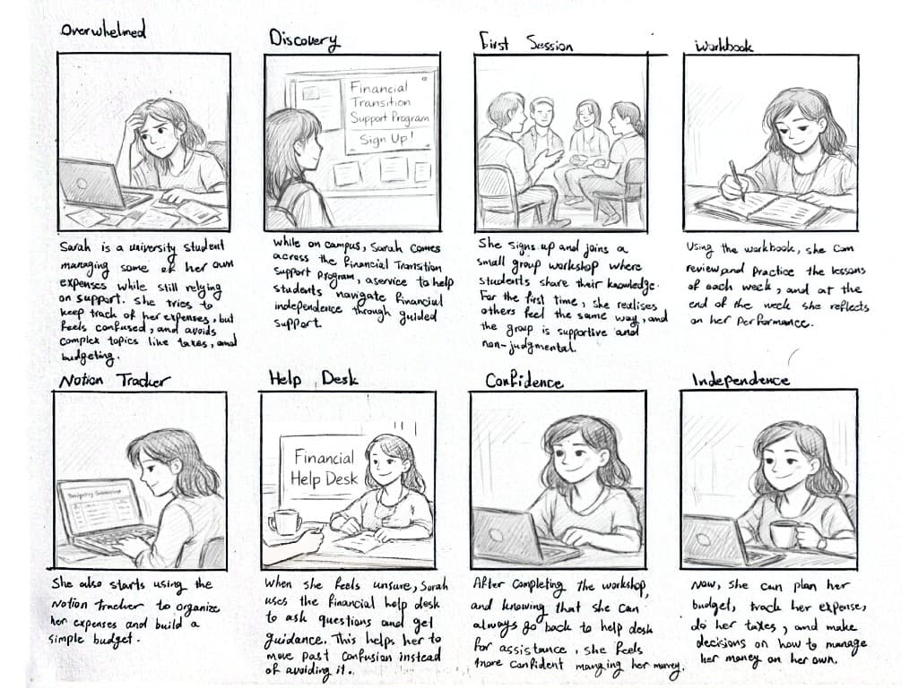 Eight-panel storyboard of Sarah’s journey through FTSP: from financial overwhelm and campus discovery through workshops, workbook, Notion tracker, help desk, to confidence and independence