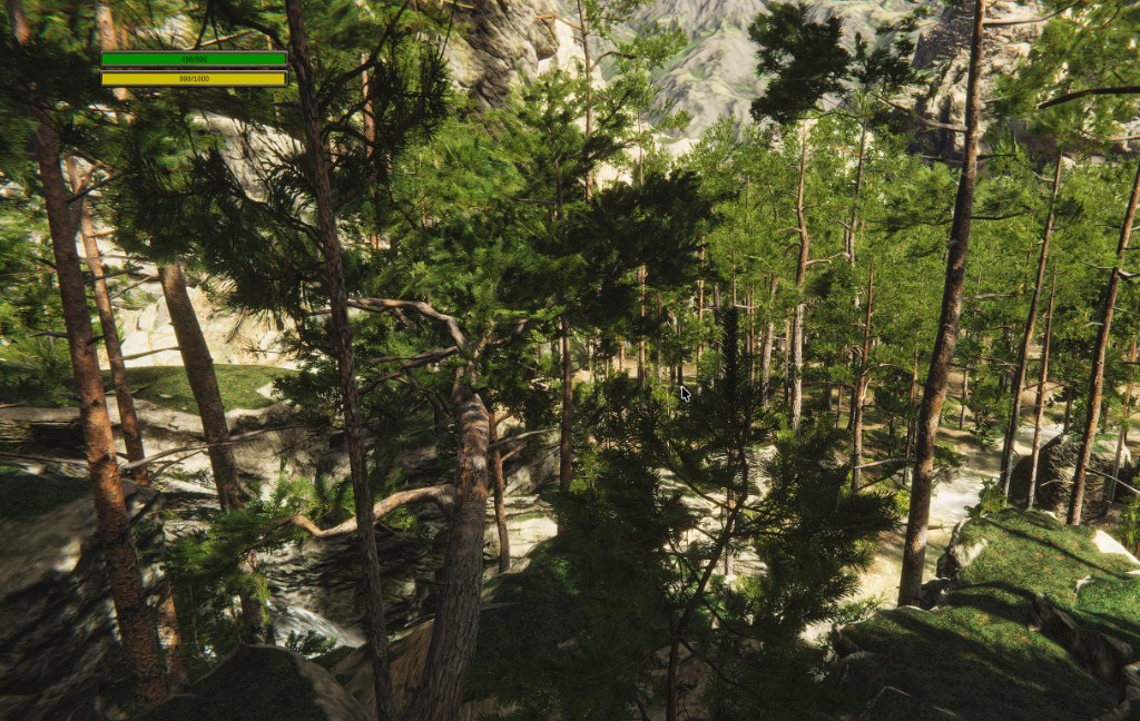 First-person view down a steep forested valley toward distant snowy mountains