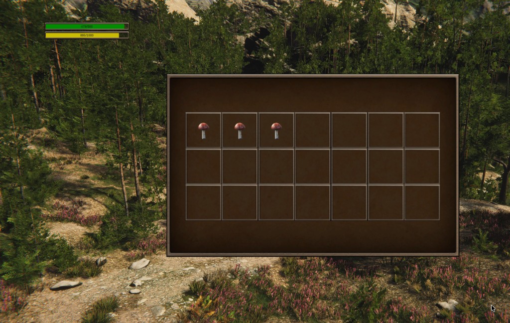 Inventory grid UI open over a forest scene, showing collected mushrooms in the first slots