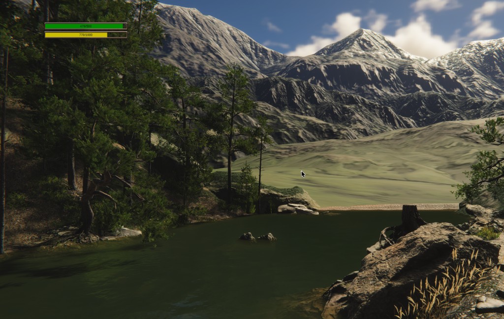 In-game view of a mountain lake bordered by forest and rocky shore, with emotional health and calorie HUD visible