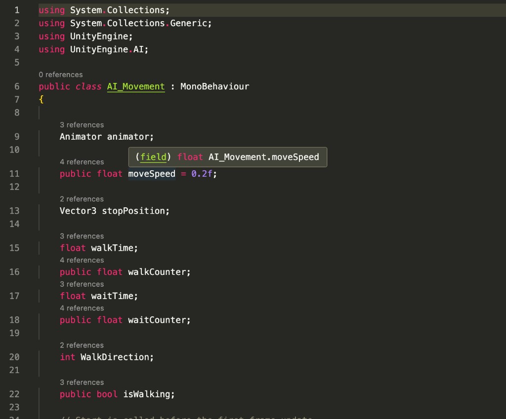 C# AI_Movement script in Unity showing animator, move speed, walk/wait counters, and walking state
